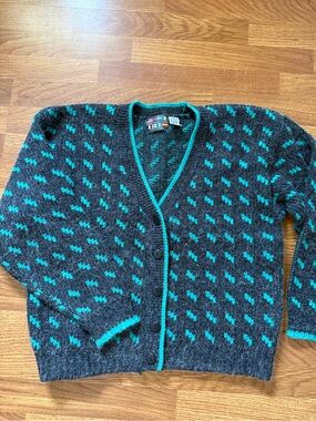 Vintage Paris Sports Club V-Neck Teal Blue Cardigan Shaggy Sweater